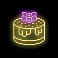Neon sign of a cake with blueberries and icing, glowing on a black background vector