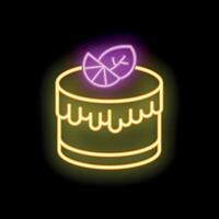 Neon sign showing delicious cake with lemon decoration vector