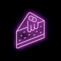 Purple neon slice of cake with icing and berries sign on black background vector