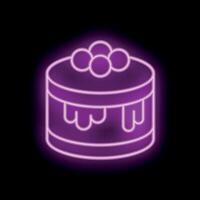Purple neon sign of cake with berries on top glowing on black background vector