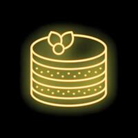Neon sign of layered cake with berries and leaves glowing on black background vector