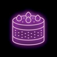Neon sign of delicious cake with berries on top shining in darkness vector