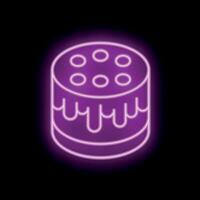 Neon sign of a chocolate cake with melted icing on black background vector