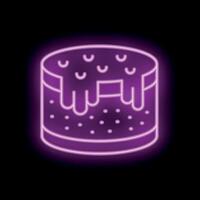 Purple neon sign of a cake with sprinkles and drizzled icing on black background vector