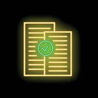 Neon icon of documents with green check mark on black background vector