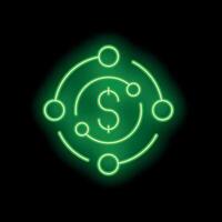 Neon green dollar sign surrounded by circles connected by lines on black background vector