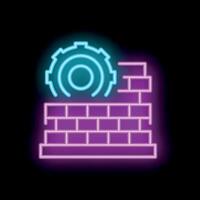 Neon icon of gear building a firewall with bricks vector
