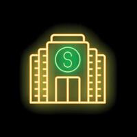 Glowing neon sign of bank building facade with dollar sign in circle on black background vector