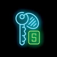 Neon hotel key and room number five sign glowing on black background vector
