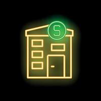 Glowing neon sign depicting a shop or store with a dollar symbol above, representing a business or retail space vector
