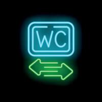 Neon wc sign with double arrow pointing to the right and left on black background vector