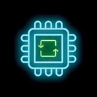 Neon icon of cpu showing rotating arrows representing machine learning algorithm vector