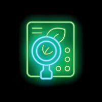 Neon icon of magnifier glass analyzing a plant representing esg standards vector