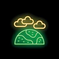 Neon green planet earth icon glowing with clouds on black background vector