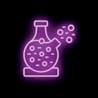 Neon icon of a round bottom flask releasing bubbles representing chemical reaction vector