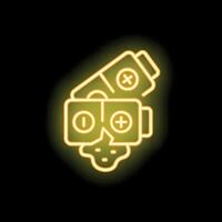 Neon icon of broken virtual reality headset and discharged battery illustrating vr hardware issues vector