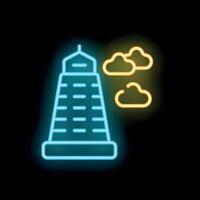 Neon lighthouse guiding ships with bright light through stormy clouds vector