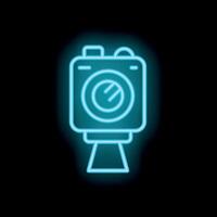 Neon icon of a vintage photo camera emitting light on black background vector