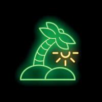 Green neon sign of palm tree and sun shining on tropical island vector