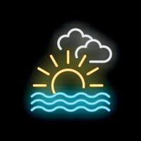 Neon sun shining over ocean waves with clouds vector