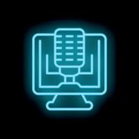 Neon icon of microphone on computer monitor displaying audio recording software interface vector