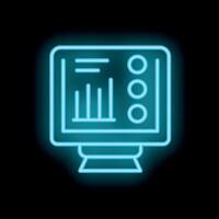Neon computer icon displaying analytics dashboard with charts and data points vector
