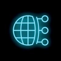 Neon icon of a globe connecting to three circles on black background vector
