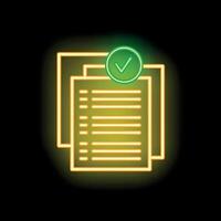 Neon icon of documents with check mark symbolizing successful completion vector