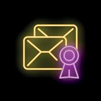 Neon icon of mail envelope with approving ribbon representing verified email vector