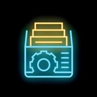 Neon icon of data processing system with files and gear symbol vector