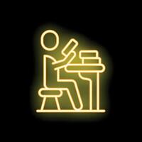 Yellow neon icon of a student taking notes at a desk vector