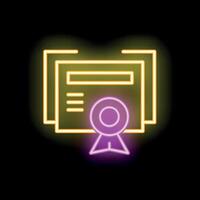 Neon icon of three certificates with quality guarantee seal representing graduation or accomplishment vector