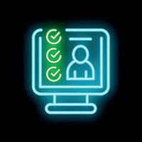 Neon computer icon showing customer completing online survey vector