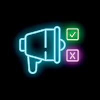 Neon icon of megaphone announcing important decision with check and cross marks vector