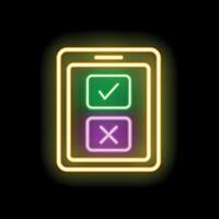 Neon smartphone showing checkmark and cross sign on black background vector