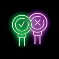 Neon signs showing checkmark and cross symbols on black background vector