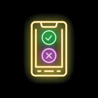 Neon smartphone showing right and wrong choices buttons on black background vector