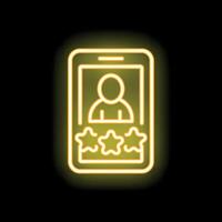 Neon icon of smartphone displaying customer profile with five star rating vector