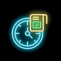 Neon sign showing clock with checked document for time management concept vector
