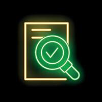 Neon style icon showing magnifying glass checking document vector