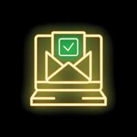 Neon icon of a laptop displaying a validated email notification vector
