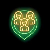Neon icon of three female professionals networking inside a map pin vector
