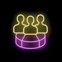 This neon sign illustrates the concept of market segmentation by showing three people standing on a pie chart vector