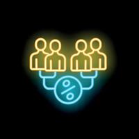 Businessmen sharing percentage sign representing affiliate marketing program with neon light effect vector
