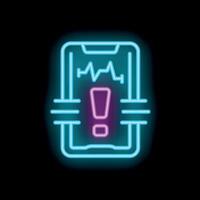 Neon mobile phone showing warning sign with cardiogram on screen vector