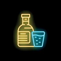 Neon bottle and glass shining with yellow and blue light vector