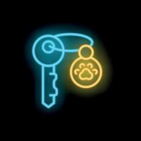 Neon icon of key with paw print keychain glowing on black background vector