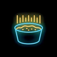 Neon sign of a steaming hot bowl of soup on a black background vector