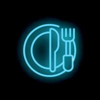 Blue neon sign showing fork and knife besides empty plate on black background vector