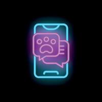 Neon icon of smartphone displaying pet paw chat bubble on dark background vector